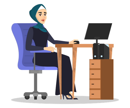 Mujer árabe trabajando en computadora  Ilustración