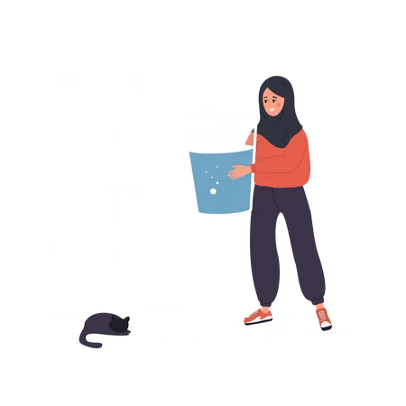 Mujer árabe sedienta con un gran vaso de agua mineral  Ilustración
