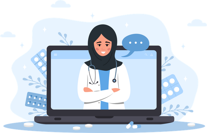 Terapeuta árabe en laptop con videollamada  Ilustración