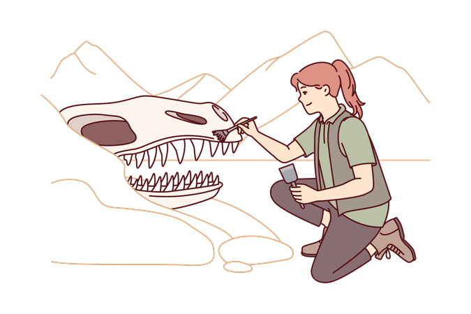 Arqueóloga cepillando cara de dinosaurio  Ilustración