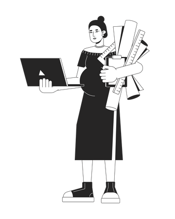 Mujer arquitecta embarazada con dibujos  Ilustración