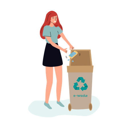 Mujer arrojando un teléfono roto a un contenedor de reciclaje de desechos electrónicos  Ilustración