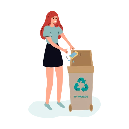 Mujer arrojando un teléfono roto a un contenedor de reciclaje de desechos electrónicos  Ilustración