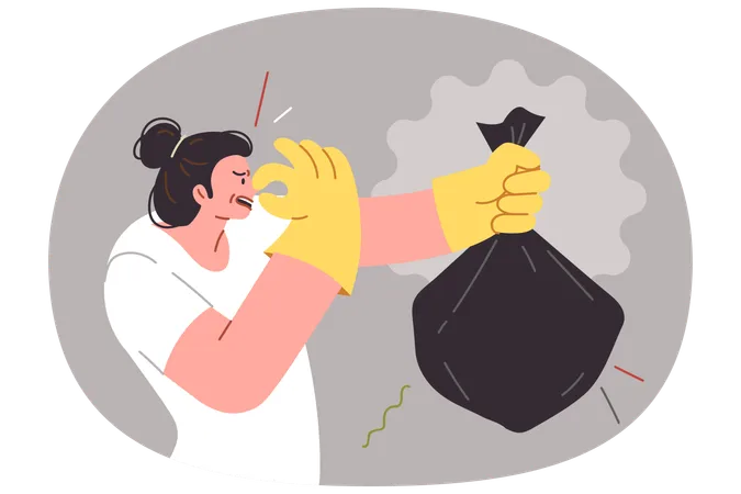 Mujer arrojando bolsa de basura maloliente  Ilustración