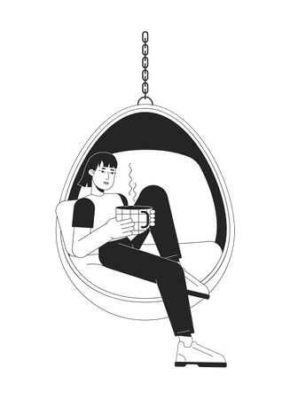 Mujer asiática con taza de café en silla colgante  Ilustración