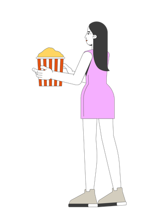 Mujer asiática de pelo largo con minivestido llevando un cubo de palomitas de maíz  Ilustración