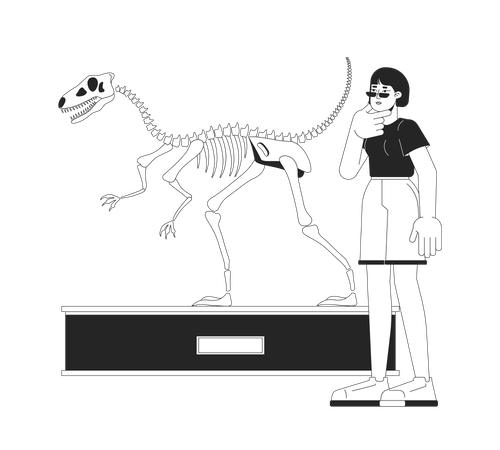 Mujer asiática mirando la exhibición de fósiles de velociraptor  Ilustración