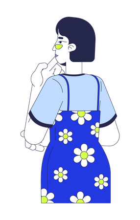 Mujer asiática pensativa con vestido floral frotándose la barbilla  Ilustración