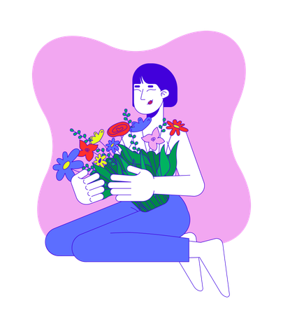 Mujer asiática sobreviviente de cáncer de mama abrazando flores  Ilustración