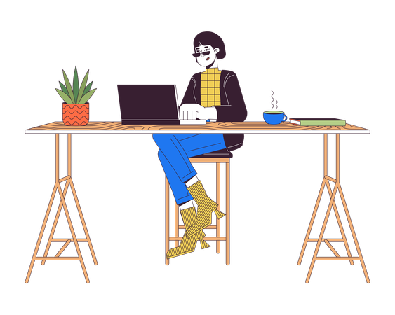 Mujer asiática trabajando en una computadora portátil en la mesa del mostrador  Ilustración