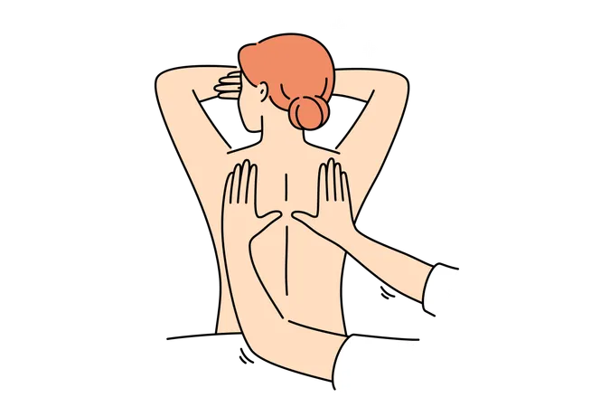 Una mujer asiste a tratamientos de masaje en el salón SPA tumbada con la espalda desnuda y disfrutando de una terapia de rejuvenecimiento  Illustration