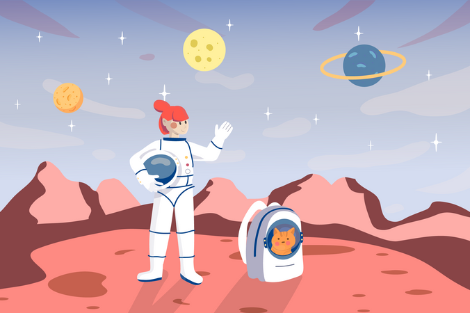 Mujer astronauta en la superficie del planeta  Ilustración