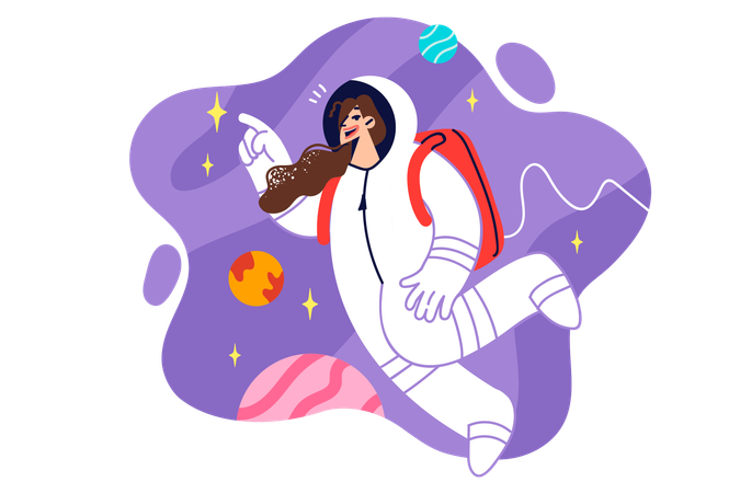 Mujer astronauta en traje espacial vuela en gravedad cero  Ilustración