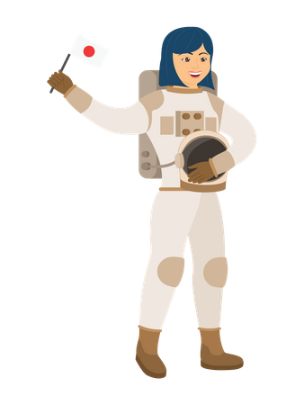 Mujer astronauta sosteniendo la bandera de Japón  Ilustración