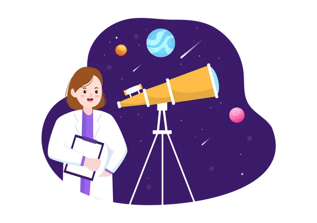 Mujer astrónoma con un telescopio  Ilustración