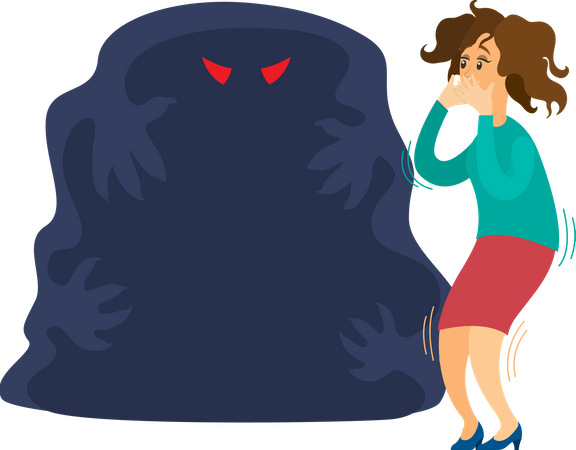 Mujer asustada por un monstruo espeluznante de una pesadilla  Ilustración