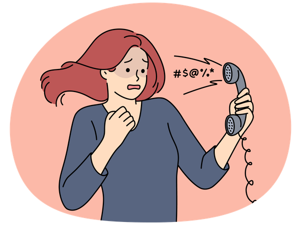 Mujer asustada escucha gritos o palabras insultantes de su interlocutor por teléfono con cable  Ilustración