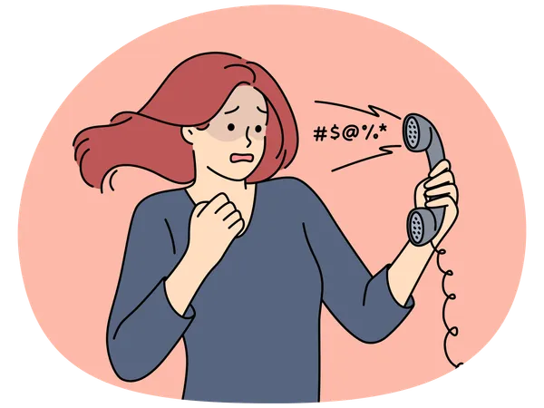 Mujer asustada escucha gritos o palabras insultantes de su interlocutor por teléfono con cable  Ilustración