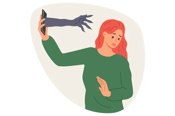 Mujer asustada por los horrores que se propagan a través del teléfono alejándose de la mano que sale del dispositivo  Ilustración