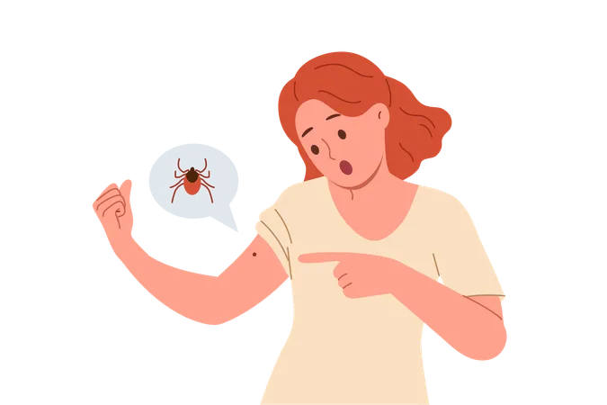 Mujer asustada por un insecto arrastrándose por la mano  Ilustración