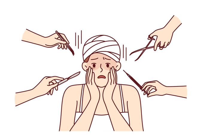 Mujer asustada tocando la cara después de una operación de cirugía plástica cerca de las manos con bisturí y tijeras  Ilustración
