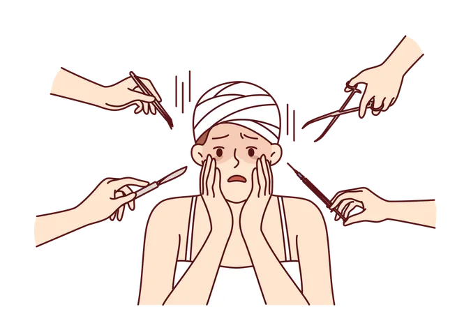 Mujer asustada tocando la cara después de una operación de cirugía plástica cerca de las manos con bisturí y tijeras  Ilustración