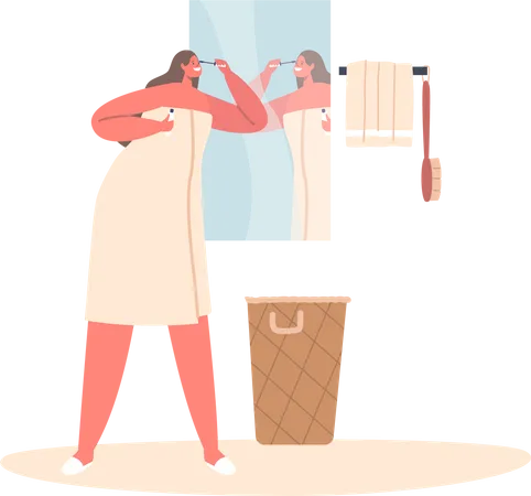 Mujer atractiva envuelta en una toalla de baño aplicando cosméticos  Ilustración