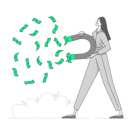 La mujer atrae el dinero magnéticamente.  Ilustración