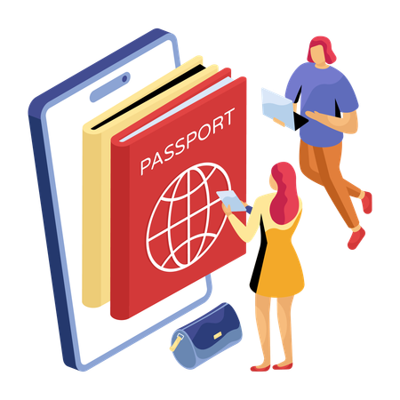 Mujer autentifica pasaporte  Ilustración