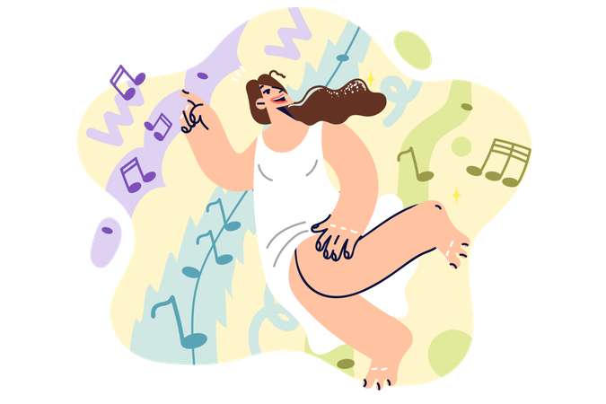 La mujer baila música entre notas y disfruta relajándose en fiestas o discotecas  Ilustración