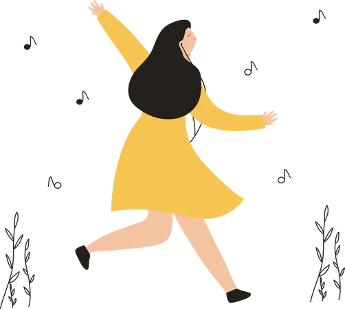 Mujer bailando mientras escucha música.  Ilustración