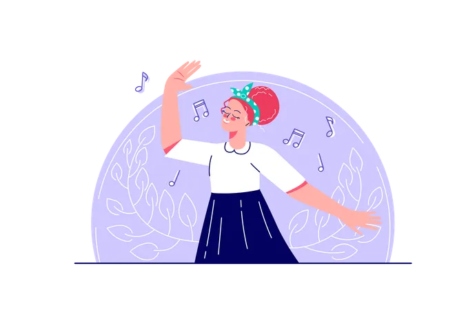 Mujer bailando sobre notas musicales.  Ilustración