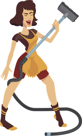 Mujer bailando y limpiando la habitación.  Ilustración