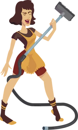Mujer bailando y limpiando la habitación.  Ilustración