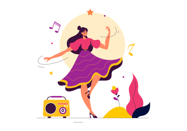 Mujer bailarina bailando con música  Ilustración