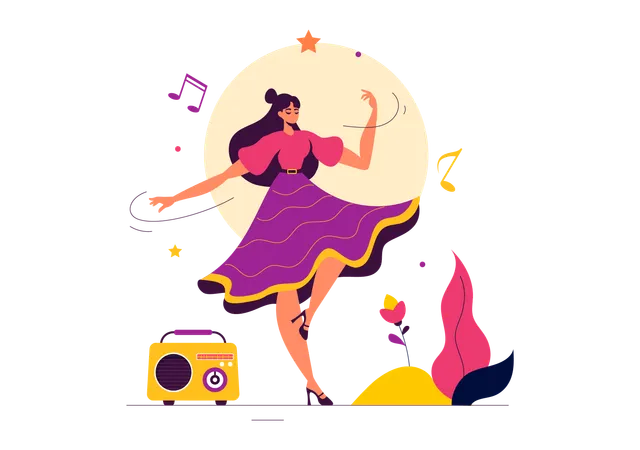 Mujer bailarina bailando con música  Ilustración