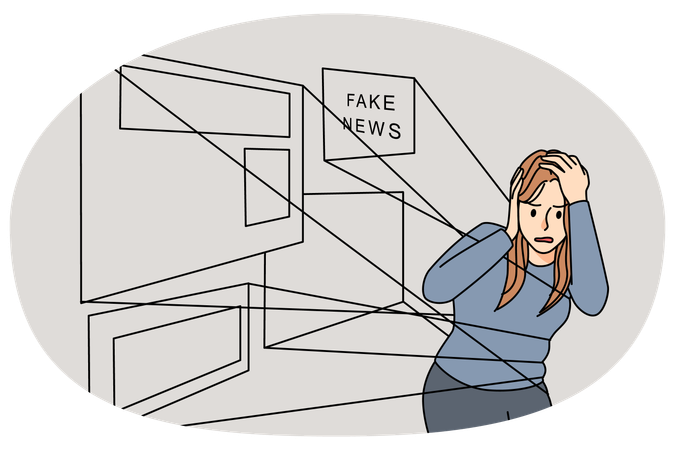 Mujer bajo la influencia de noticias falsas  Ilustración