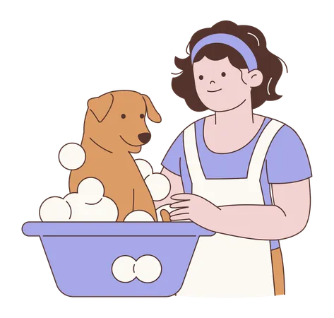 Mujer bañando a su perro  Ilustración