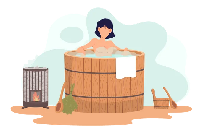 Mujer bañándose en barril  Ilustración