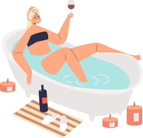 Mujer bañándose y bebiendo vino  Ilustración