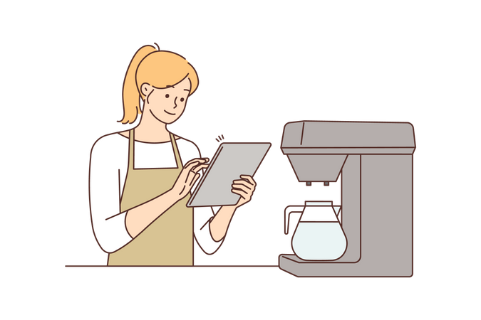 Barista femenina revisando la lista de cafés  Ilustración