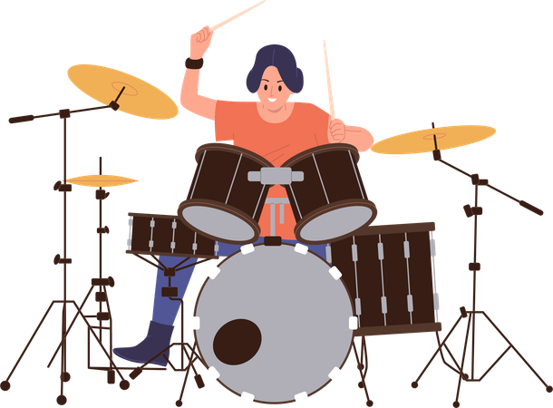 Mujer baterista tocando el tambor  Ilustración