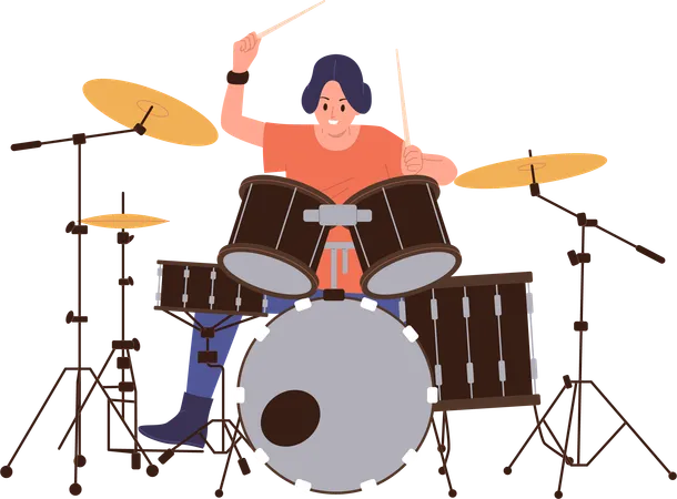 Mujer baterista tocando el tambor  Ilustración