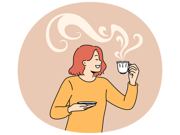 Una mujer bebe café aromático de una hermosa taza y sonríe disfrutando del sabor de la bebida caliente.  Ilustración