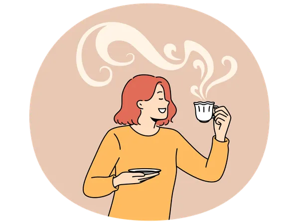Una mujer bebe café aromático de una hermosa taza y sonríe disfrutando del sabor de la bebida caliente.  Ilustración