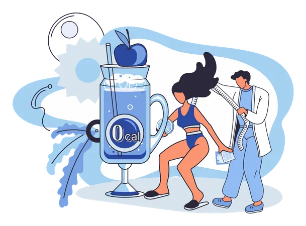 Mujer bebe jugo de 0 calorías  Ilustración