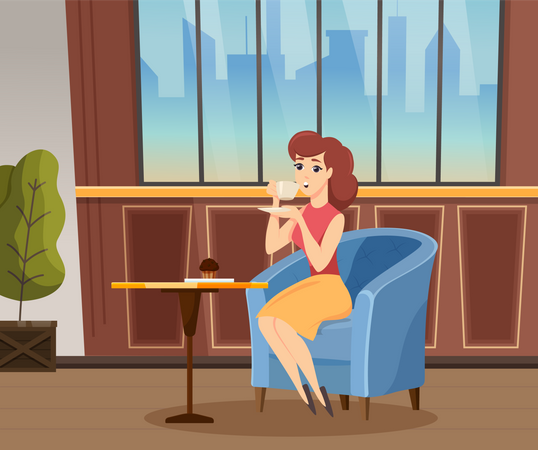 Mujer bebe café y come muffin en cafetería  Ilustración