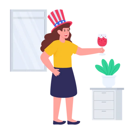 Mujer bebiendo alcohol el día de la independencia  Ilustración