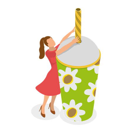 Mujer bebiendo bebida de un vaso desechable  Ilustración