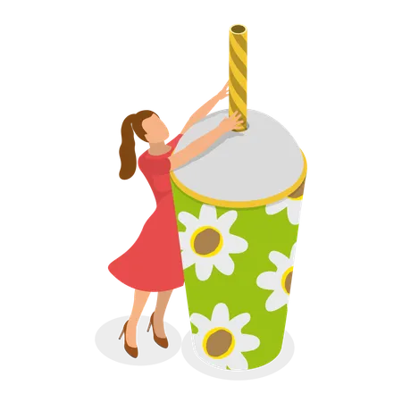 Mujer bebiendo bebida de un vaso desechable  Ilustración